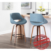 Lumisource B26-FBCO2X WLBU2 Fabrico Mid-Century Modern Counter Stool in Walnut and Blue Noise Fabric - Set of 2